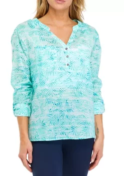 Discount 😉 Ocean + Coast® 👩 Women's Tropical Leaf Print Henley 👕 Shirt ✔️