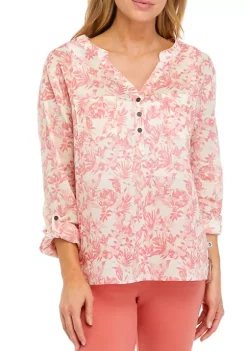 Discount 😉 Ocean + Coast® 👩 Women's Tropical Leaf Print Henley 👕 Shirt ✔️ -Ocean & Coast Sales Store Belk 2116