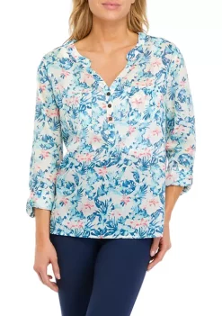 Discount 😉 Ocean + Coast® 👩 Women's Tropical Leaf Print Henley 👕 Shirt ✔️ -Ocean & Coast Sales Store Belk 2117